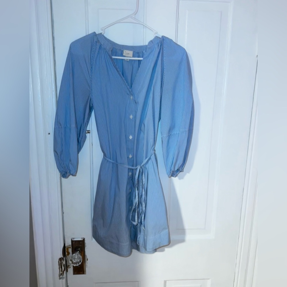 Blue Pin Striped Button-Up Shirt Dress/ tie waist